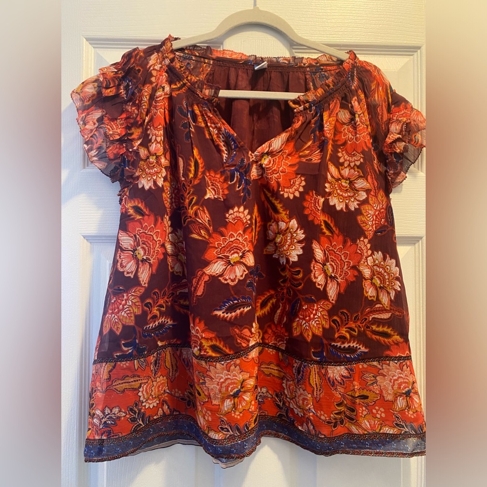 Old Navy orange flowered organza print lined top size L